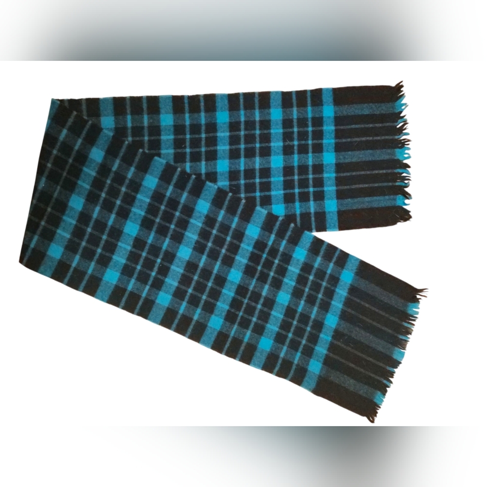 Unbranded Unisex Fleece Blue/Black Plaid Fringe Trim Winter Scarf OSFA